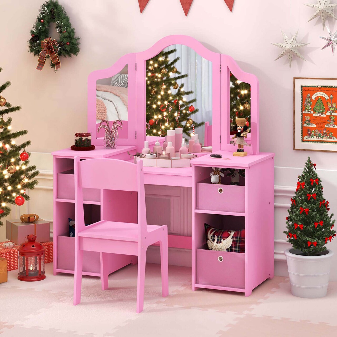 Costway Kids Vanity Table & Chair Set 2-in-1 Princess Pretend Play Makeup Vanity Set Pink/White